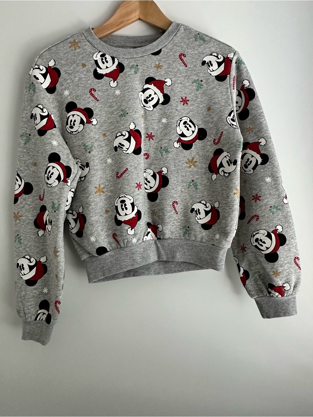 Disney Gray Mickey Mouse Holiday Crewneck Sweatshirt with Red Accents